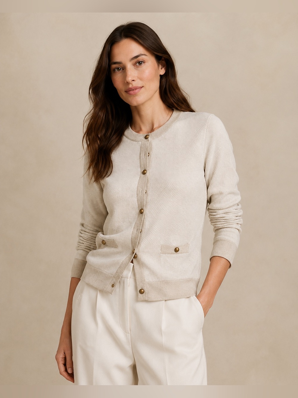 Banana Republic Cream and Gold Metallic Trim Cardigan Size L